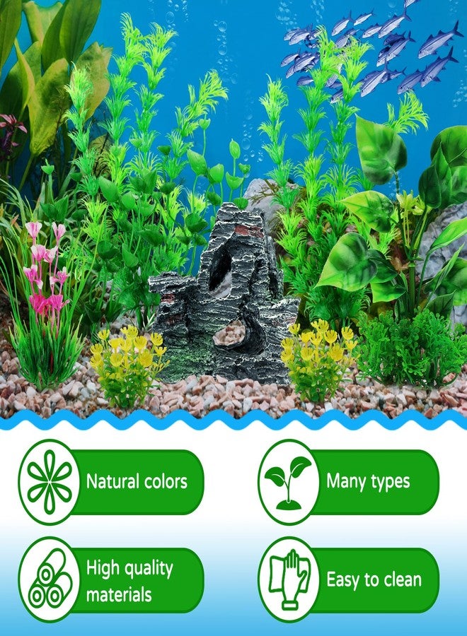 مجموعة نباتات اصطناعية لتزيين أحواض السمك من كوزو، 9 قطع من نباتات الزينة الخضراء وصخور الكهوف، نباتات بلاستيكية لتزيين أحواض السمك - Image 2